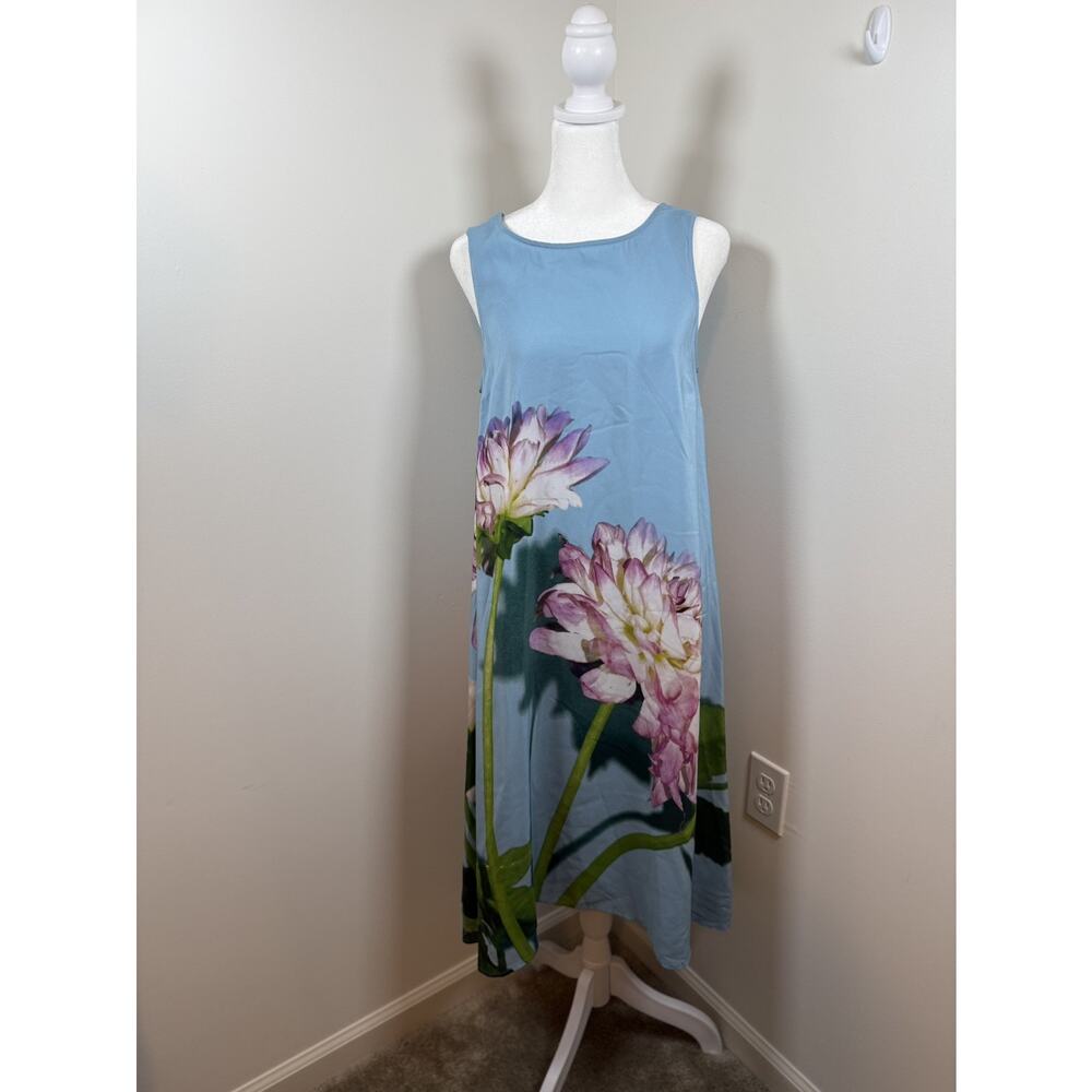 Anthropologie Photorealistic Silk Dress Floral Print Womens size 4 Blue high low